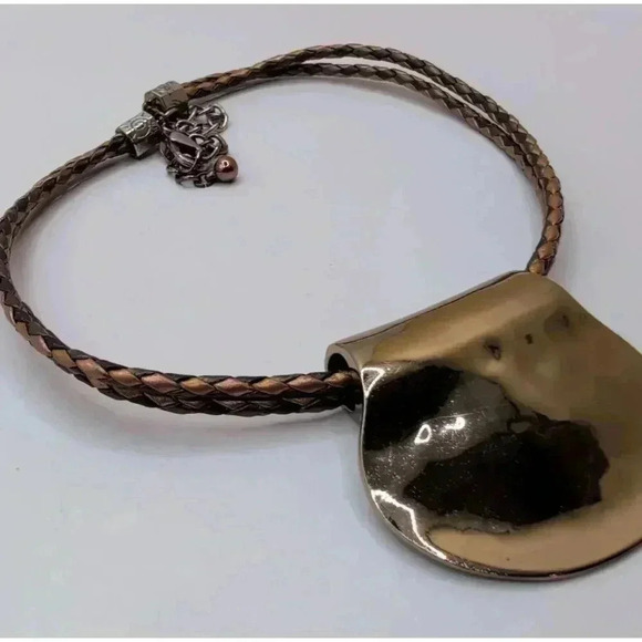 Chicos Goldtone Metal Hammered Disc Bronze Braided Rope Necklace - Picture 2 of 6